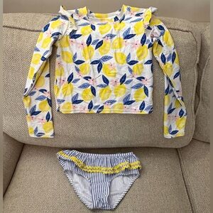 Ruffle Butts Yellow Lemon & Blue Leaf Long-Sleeve Rashguard Set